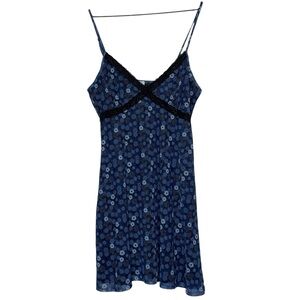 Y2K Floral Lace Trim Mesh Slip Cami Dress Blue Large Romantic Coquette Fairycore
